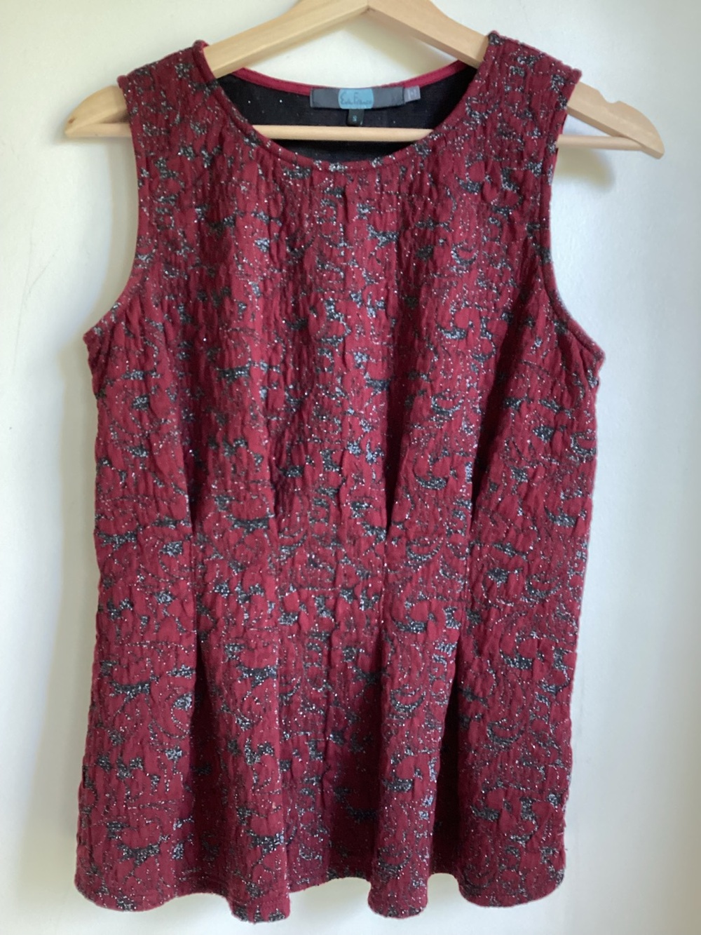 Anthropologie Eva Franco Jacquard Peplum Top Size Small Burgundy Metallic Shine